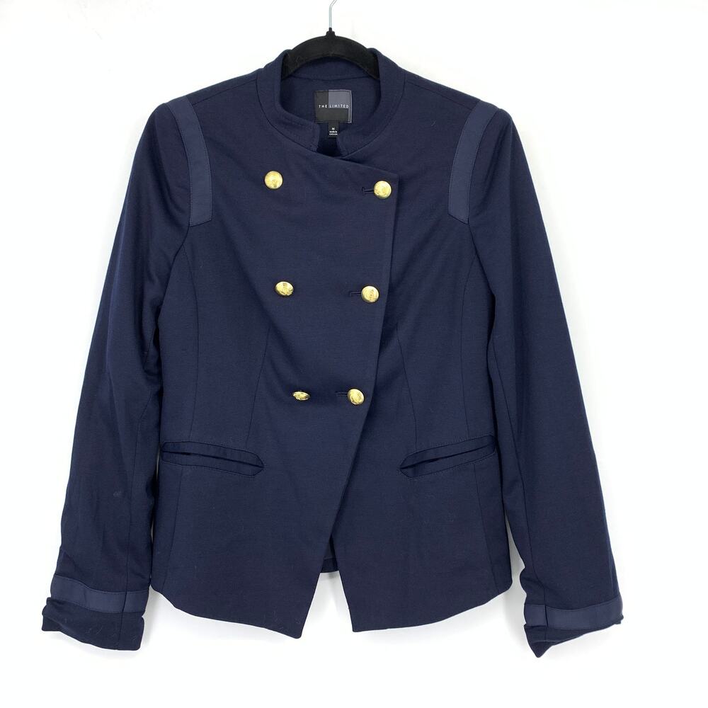 The Limited Double Breasted Knit Blazer Jacket Womens Sz M Navy Gold Buttons